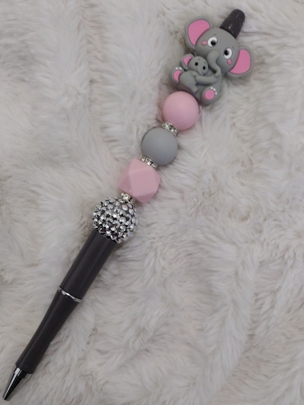 Tall Cute Pink & Gray Elephant Bead Pen - Home Office